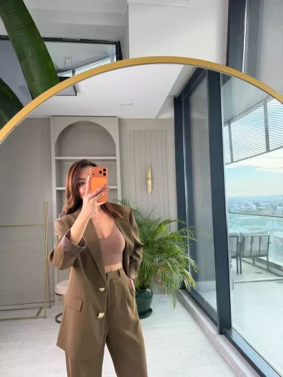 Haki Gold Düğmeli İthal Krep Kumaş Takım