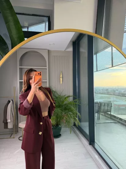 Bordo Gold Düğmeli İthal Krep Kumaş Takım