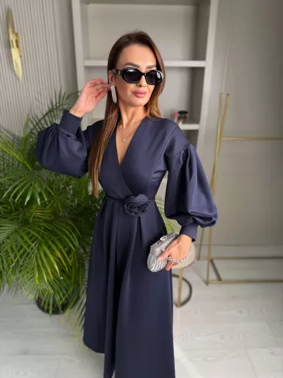 Lacivert Gül Detaylı Scuba Kumaş Elbise