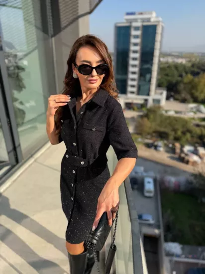 Siyah Gümüş Metal Düğme Detaylı Tuvid Elbise