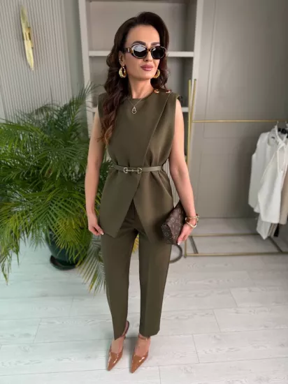 Tasarım Haki Kemerli Pantolon Yelek Takım
