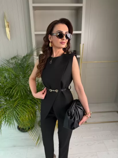 Tasarım Siyah Kemerli Pantolon Yelek Takım