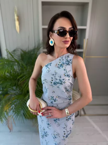 Mavi Keten Dokulu Zara Model Tek Kol Elbise