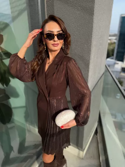 Tasarım Kahverengi Işıltı Geçişli Pilise Detaylı Lüks Kalite Elbise