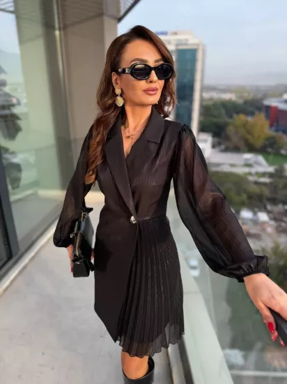 Tasarım Siyah Işıltı Geçişli Pilise Detaylı Lüks Kalite Elbise