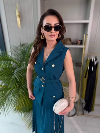 Petrol Mavi Piliseli Etek Yelek Takım