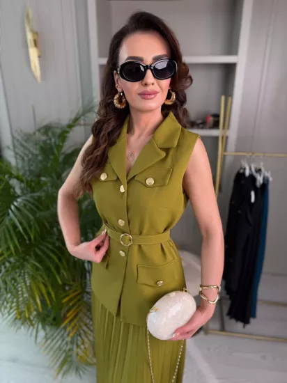 Yağ Yeşili Piliseli Etek Yelek Takım