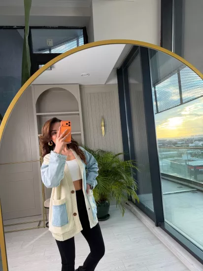 Garnili Jean Triko Detaylı Hırka