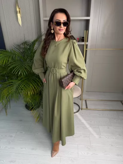 Haki Kemerli Lüks Kalite Atlas Kumaş Çan Kesim Elbise