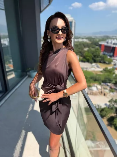 Kahverengi Zara Saten Tek Kol Elbise