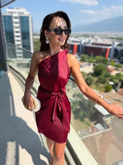 Bordo Zara Saten Tek Kol Elbise