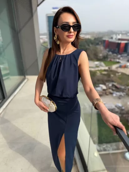 Lacivert Yırtmaç Detaylı Zara Model İpekli Krep Elbise