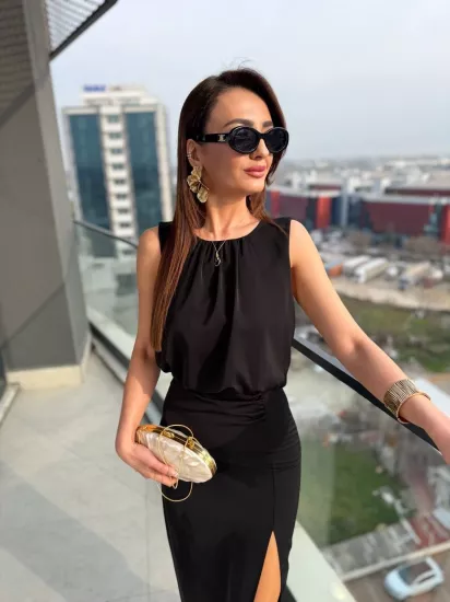 Siyah Yırtmaç Detaylı Zara Model İpekli Krep Elbise