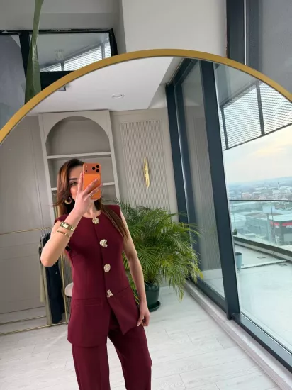 Bordo Gold Düğme Detaylı Atlas Kumaş Takım