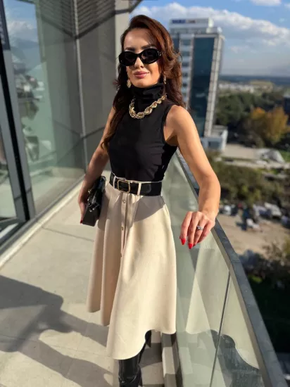 Siyah Bej Zara Model Kemerli Elbise