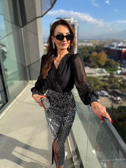 Gri Payetli Şifon Detaylı Elbise