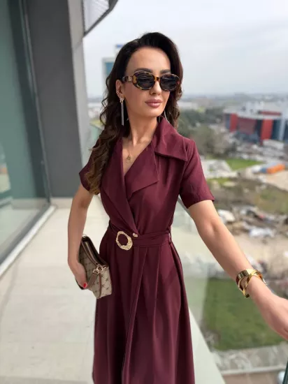 Bordo Ceket Yaka Tensel Kumaş Anvelop Elbise