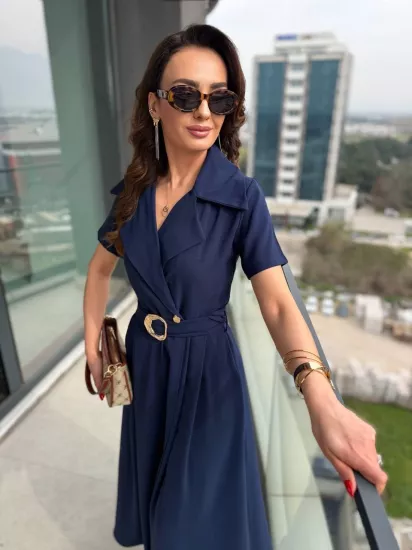 Lacivert Ceket Yaka Tensel Kumaş Anvelop Elbise