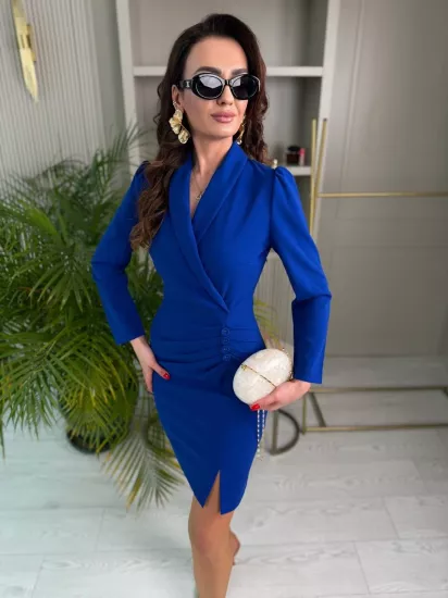 Saks Mavi Düğme Detay Likralı Krep Kumaş Elbise