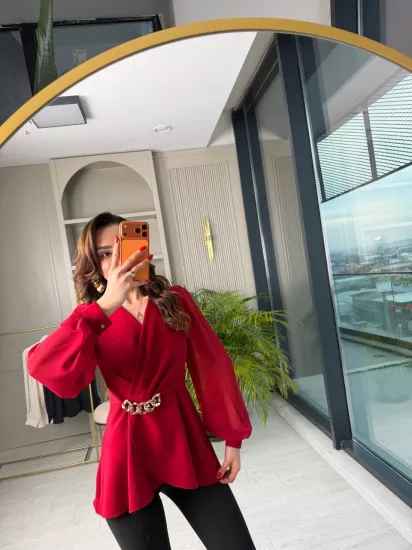 Bordo Kolları Şifon Lüks Kalite Bluz