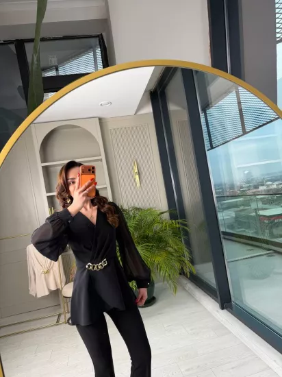 Siyah Kolları Şifon Lüks Kalite Bluz