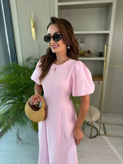 Pembe Astarlı Bel Bağlamalı Keten Elbise