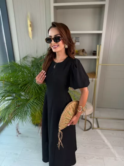 Siyah Astarlı Bel Bağlamalı Keten Elbise