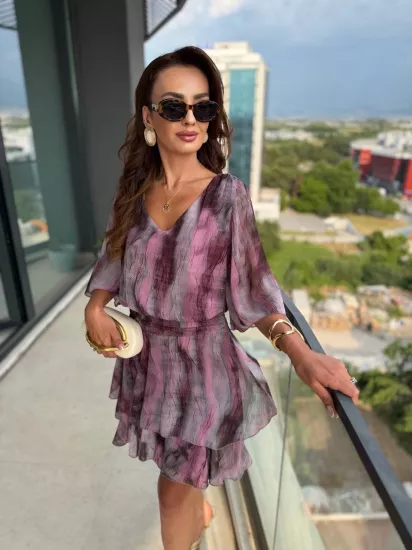 Pembe Desenli Eteği Katlı Astarlı Şifon Elbise