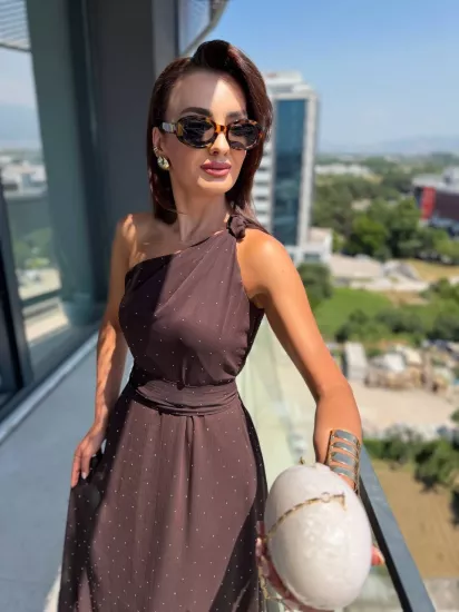 Tasarım Kahverengi Taşlı Astarlı Şifon Elbise