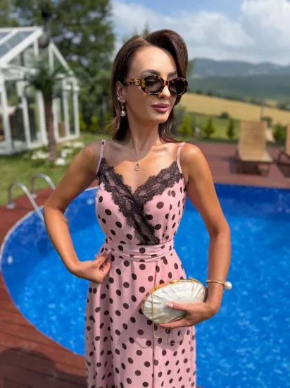 Pembe Puantiyeli Astarlı Dantel Detaylı Şifon Elbise