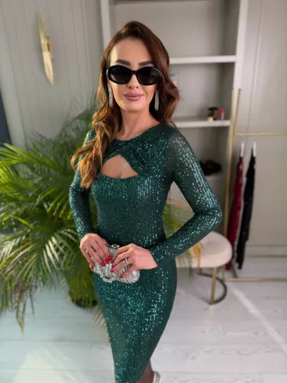 Zümrüt Yaka Detaylı Astarlı Zara Payet Elbise