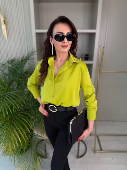 Yağ Yeşili Gold Düğmeli Zra Marka Saten Gömlek