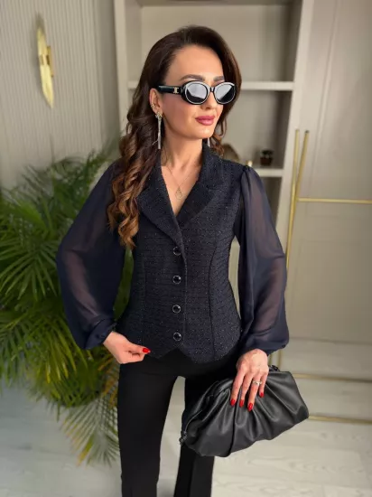 Lacivert Lüks Tuvid kumaş Kolları Şifon Düğmeli Gömlek Bluz