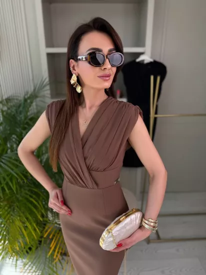 Premium Seri Kahverengi Şifon Detay Lüks Kalite Elbise
