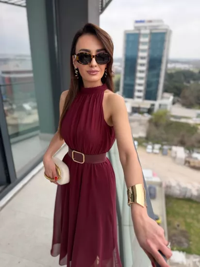 Bordo Kemerli Halter Yaka Astarlı Şifon Elbise