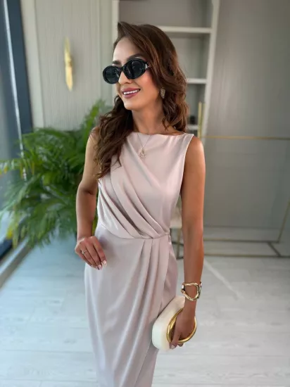 Pudra Bej İthal Tok Saten Zara Model Elbise