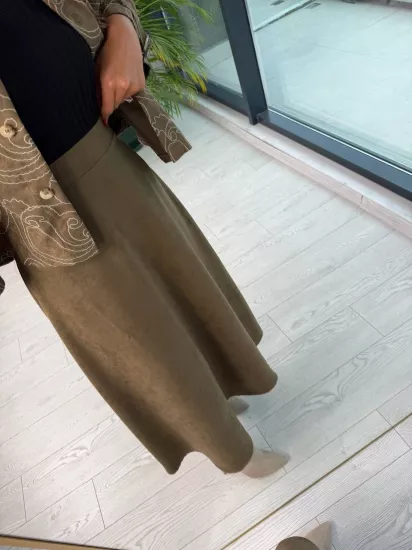Haki Nubuk Süet Çan Kesim Etek