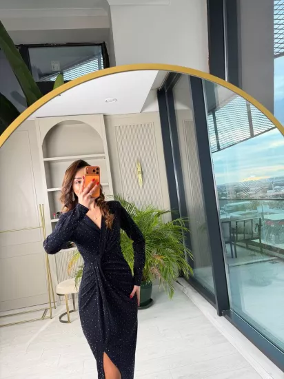 Lacivert Minimal Taşlı Lüks Kalite Likralı Elbise