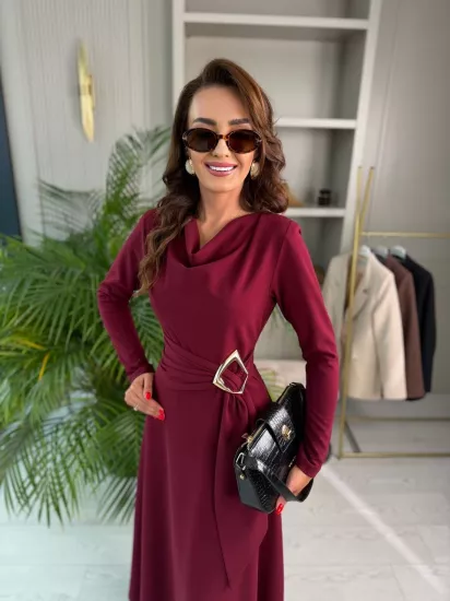 Bordo Degaje Yaka Bel Detay Krep Kumaş Elbise