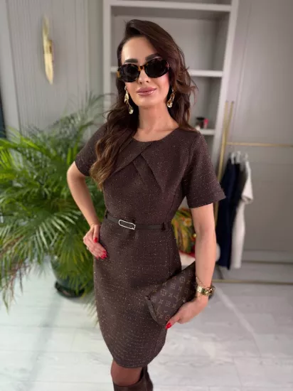 Kahverengi Kemerli Lüks Kalite Tuvid Elbise