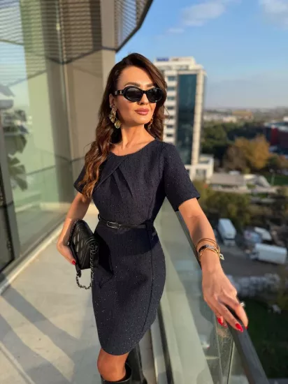 Lacivert Kemerli Lüks Kalite Tuvid Elbise