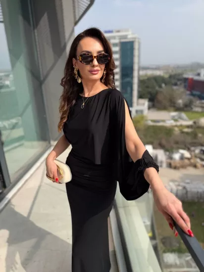 Tasarım Siyah Şal Detaylı İthal Tok Likralı Candy Kumaş Elbise