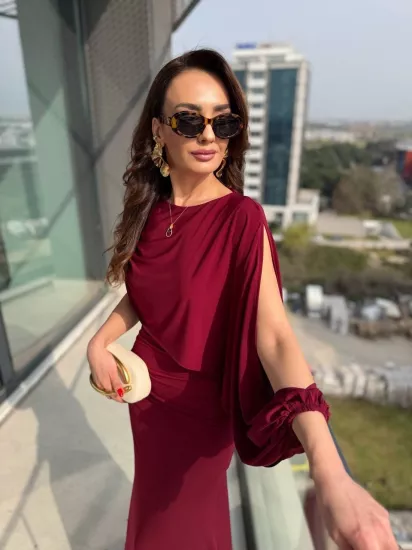 Tasarım Bordo Şal Detaylı İthal Tok Likralı Candy Kumaş Elbise