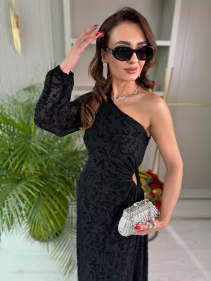 Tasarım Tek Kol Bel Detaylı Astarlı Flok Baskı Elbise