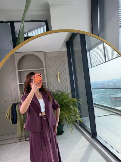 Mürdüm %100 Pamuklu Tensel Kumaş Premium Etek Ceket Takım