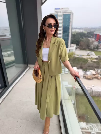 Yeşil %100 Pamuklu Tensel Kumaş Premium Etek Ceket Takım