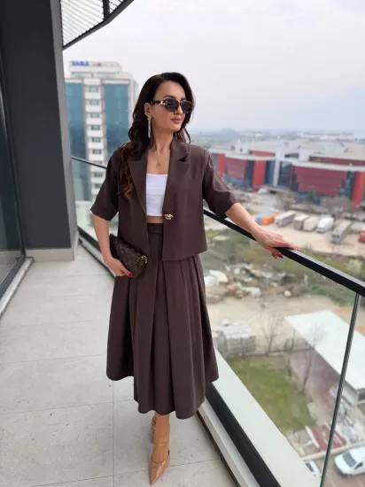 Kahverengi %100 Pamuklu Tensel Kumaş Premium Etek Ceket Takım