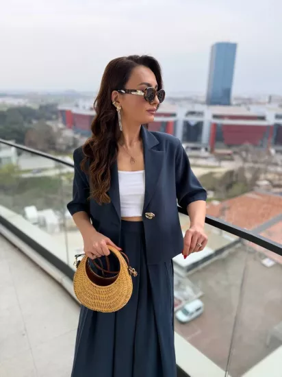 Lacivert %100 Pamuklu Tensel Kumaş Premium Etek Ceket Takım