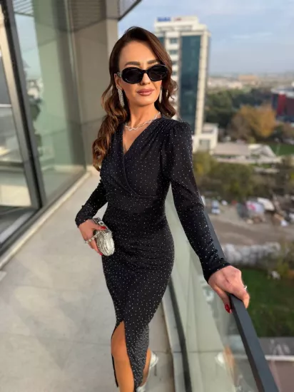 Taş Detaylı Likralı Astarlı Kalem Elbise