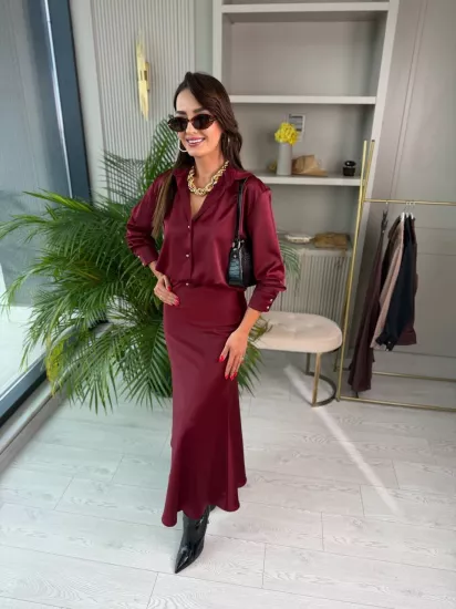Bordo Zara Tok Saten Beli Lastikli Etek